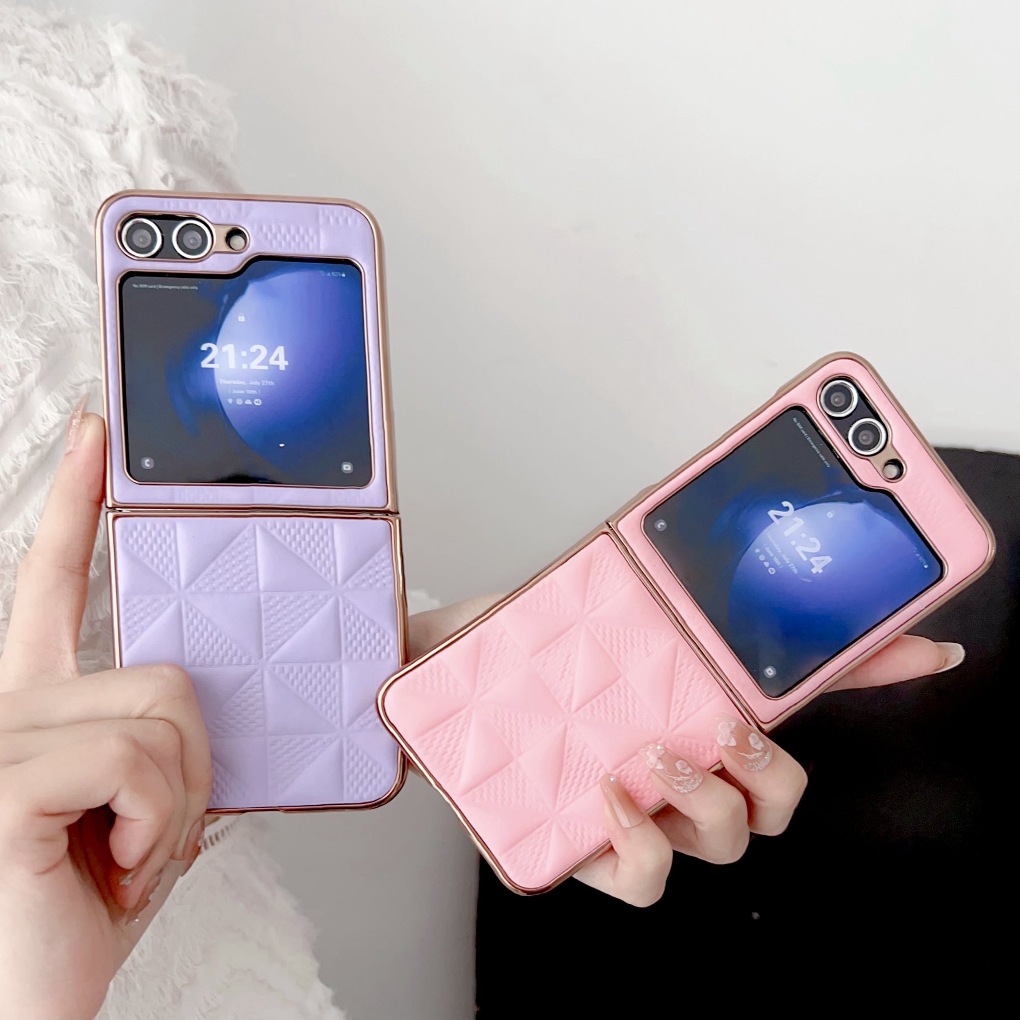 For Samsung Galaxy Z Flip6 5G Case Electroplating Frame Leather + PC Grid Texture Phone Cover - Pink For Samsung Galaxy Z Flip6 5G Case Electroplating Frame Leather + PC Grid Texture Phone Cover - Pink